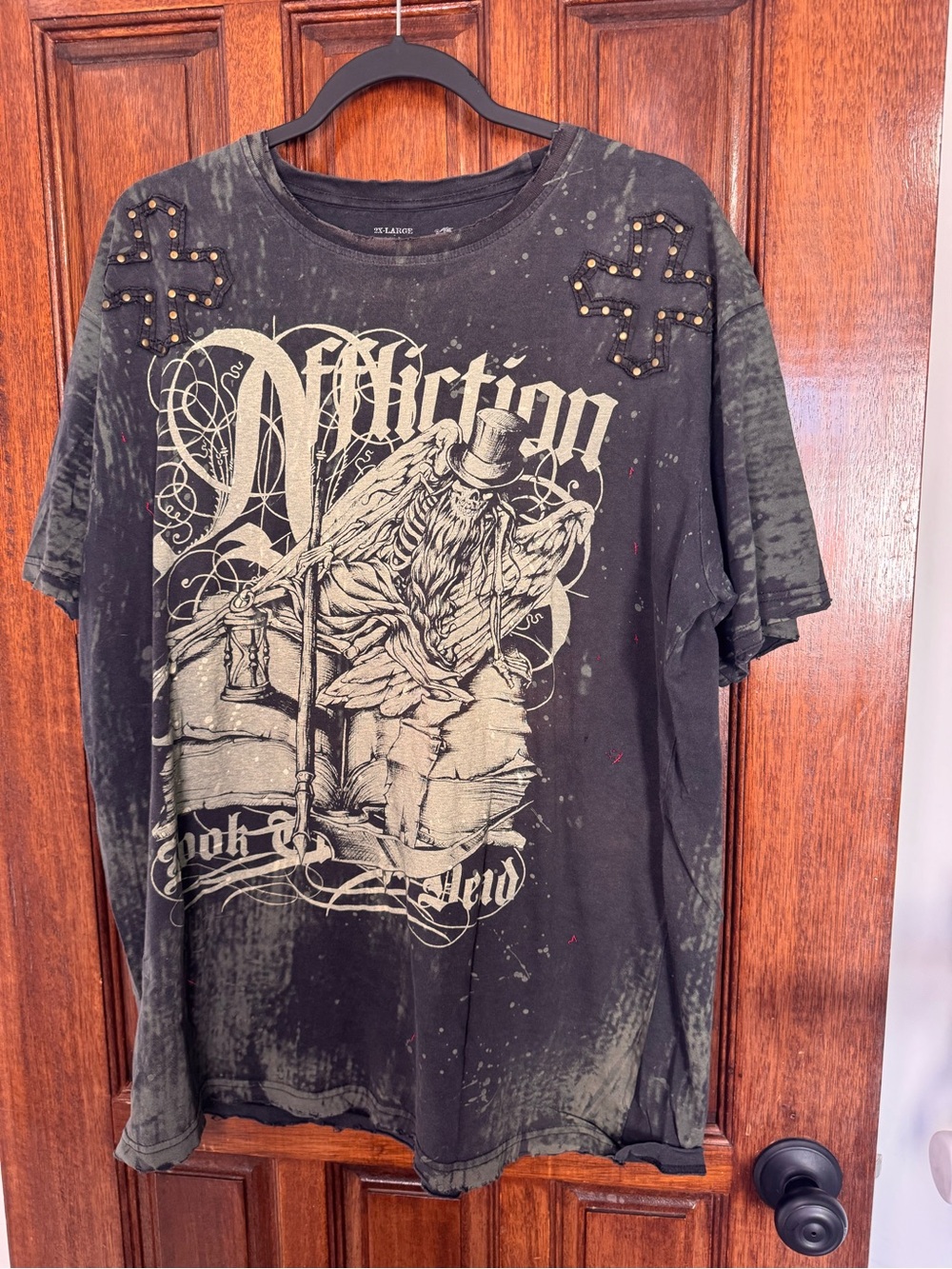 Affliction Black Graphic Tee with Cream Skull & Stud Cross Accents